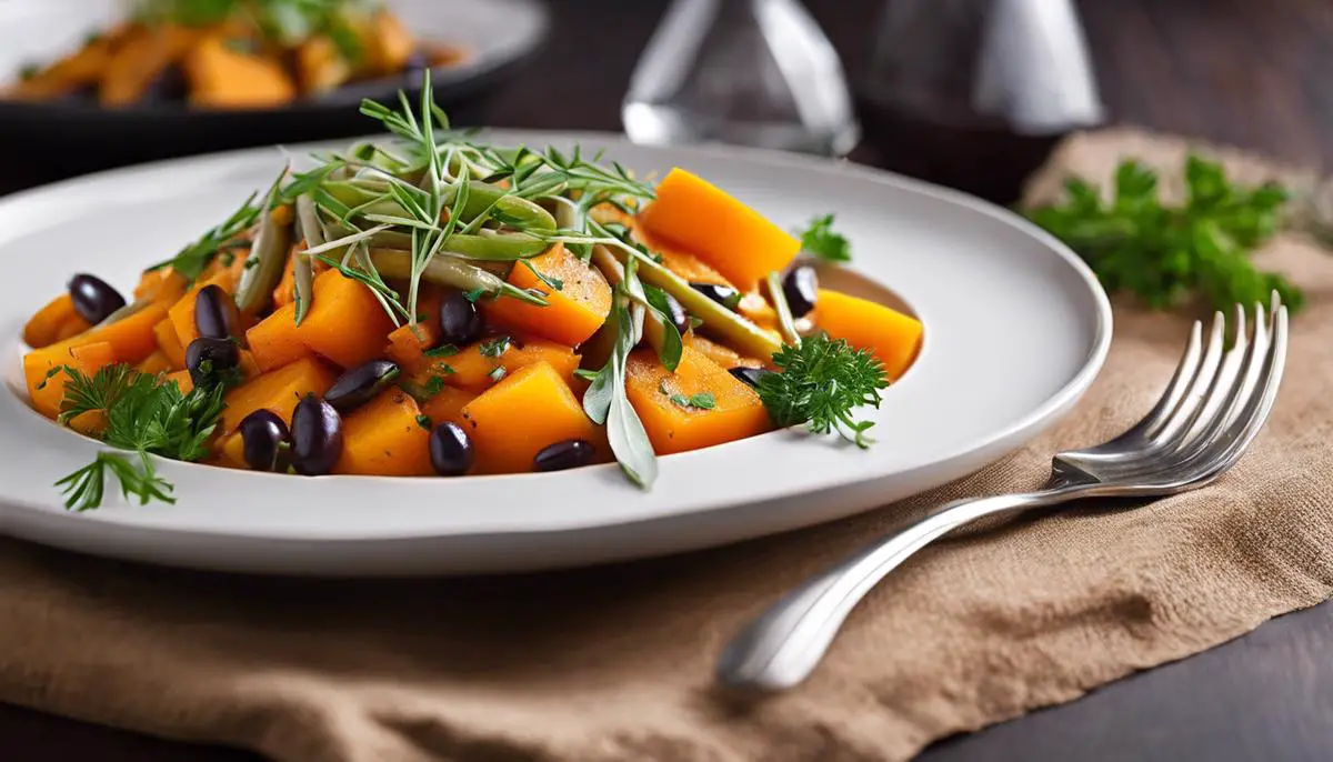 A beautifully plated butternut beans dish with colorful garnish and fresh herb sprigs.