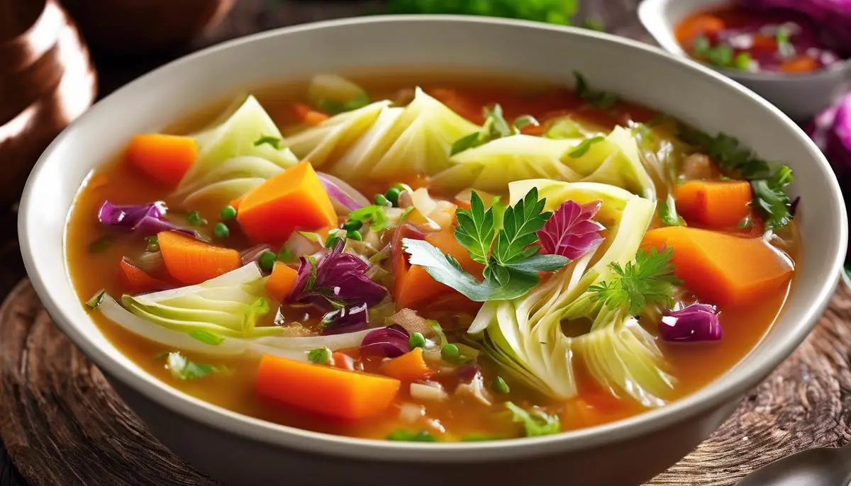 A delicious bowl of cabbage soup with vibrant colors and assorted garnish on top, ready to be devoured