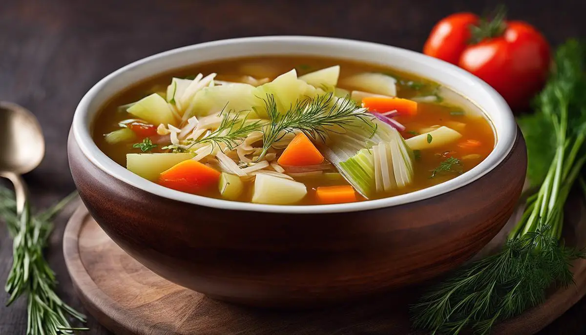 A steaming bowl of cabbage soup garnished with fresh dill, showcasing the flavorful combination of sweet and sour in a visually appealing way.