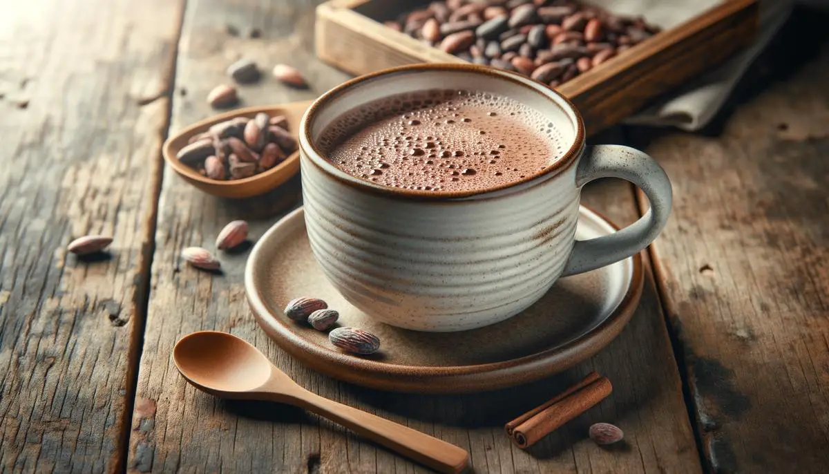 A cup of cacao tea with cacao beans scattered around it