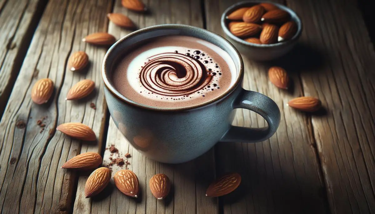 A mug of cacao tea with a splash of almond milk