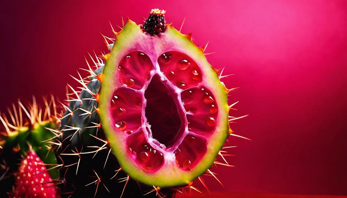 Image of a cactus pear fruit cut in half, revealing its vibrant red interior