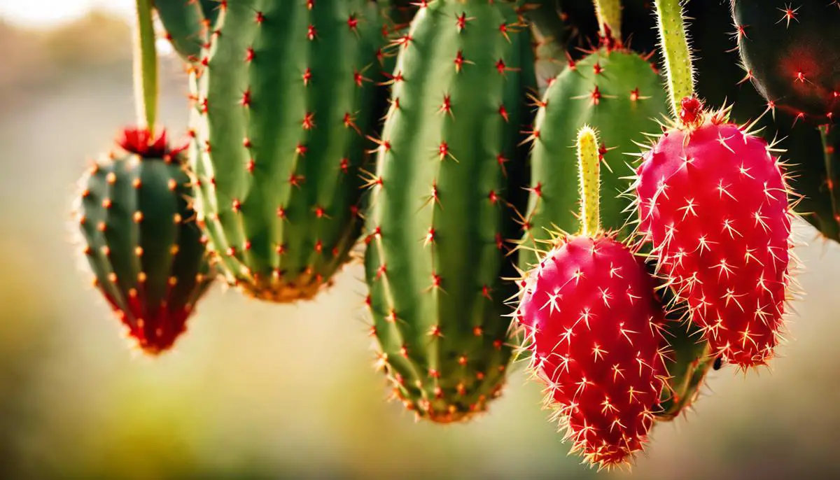 A beautiful image of ripe cactus pears hanging from a cactus plant, with red and green hues.