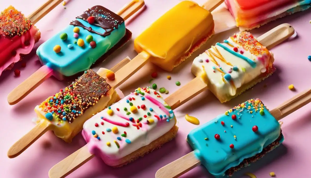 A close-up image of delicious cake popsicles with colorful coatings and various toppings.