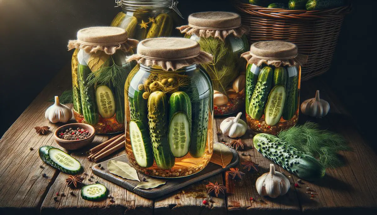 Glass jars filled with canned homemade dill pickles