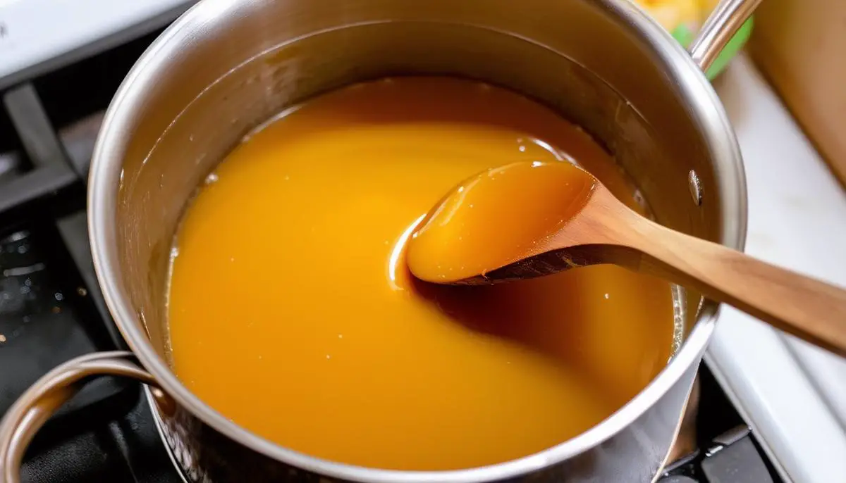 A pot of golden caramel on a stovetop, with a wooden spoon stirring the caramel