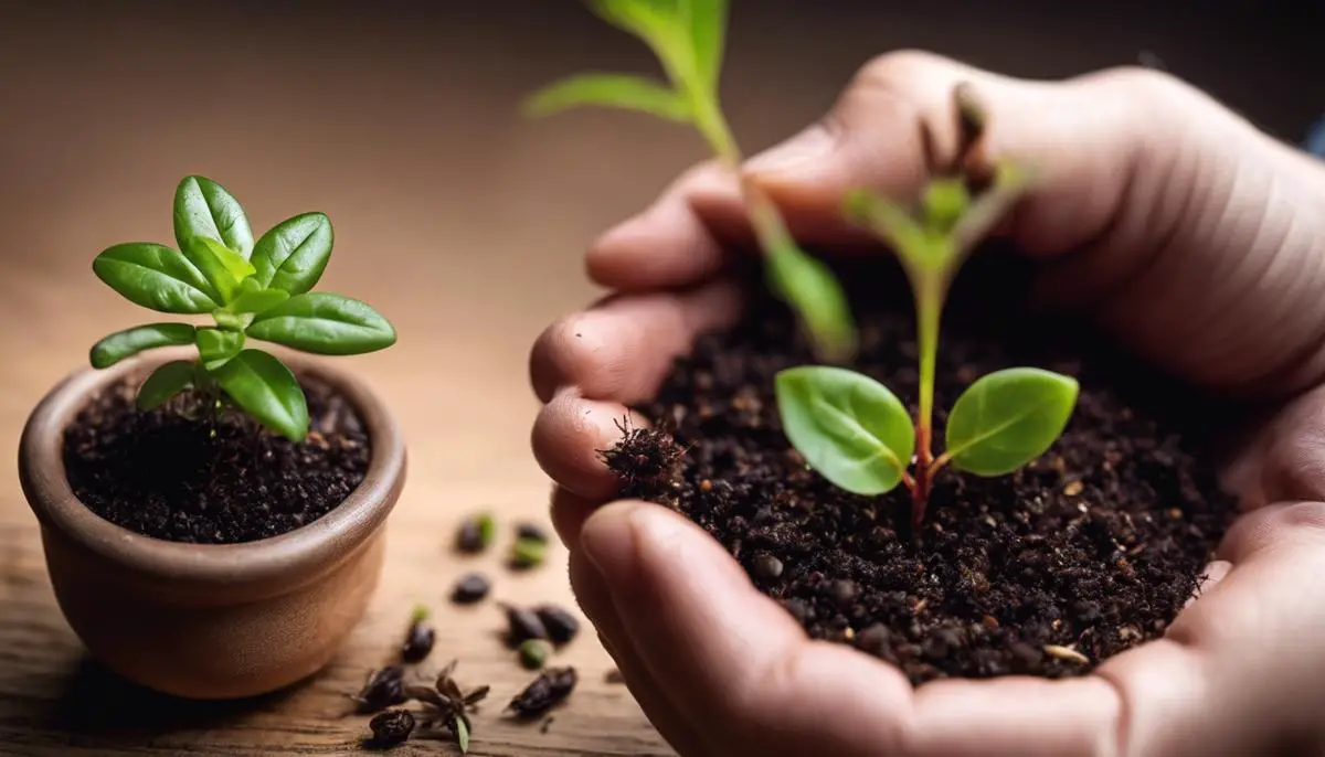 Image depicting a hand planting a Carissa seed in a pot with a sprouting seedling beside it.
