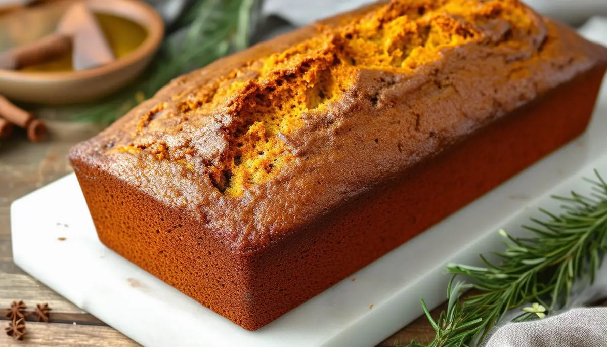 A bronzed carrot cake loaf with olive oil and spices