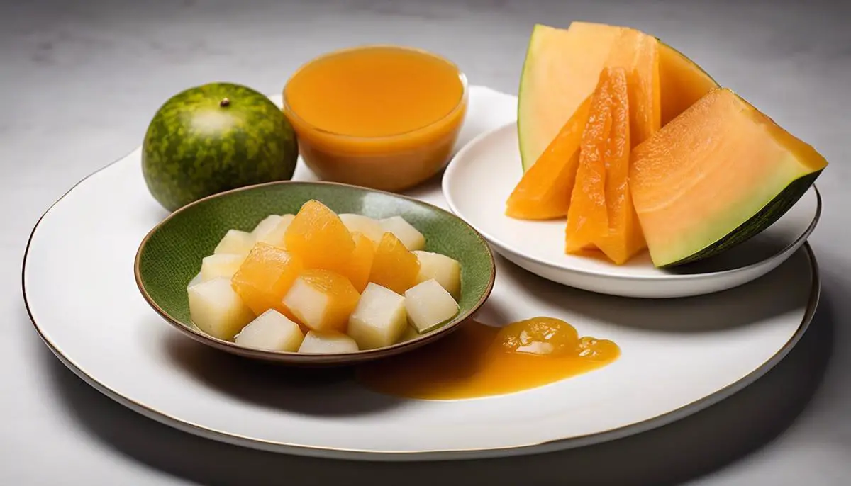 A plate of cubed Casaba melon, a jar of Casaba melon marmalade, a bowl of chilled Casaba melon soup, and a roasted Casaba melon wedges caramelized to perfection