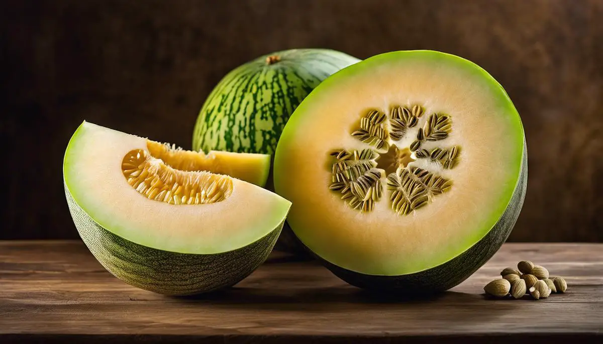 Image of a casaba melon, a fruit with green-yellow skin and white flesh. It is sliced to show the fruit's inner texture and seeds.
