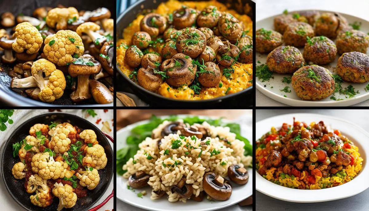A variety of dishes featuring Eastern Cauliflower Mushrooms, showcasing their culinary versatility, from sautéed mushrooms to risottos and vegan patties