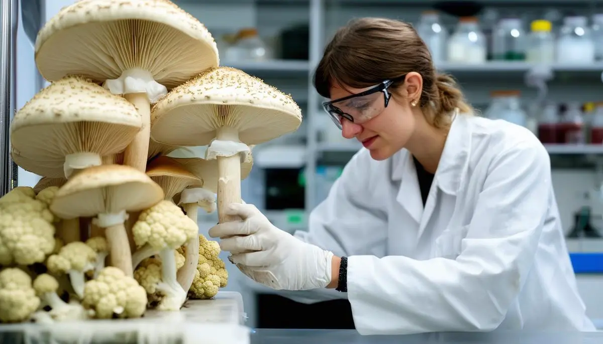 A scientist conducting research on the medicinal properties of Eastern Cauliflower Mushrooms in a laboratory setting