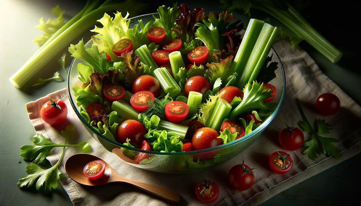 A vibrant salad with celery slices, cherry tomatoes, and mixed greens