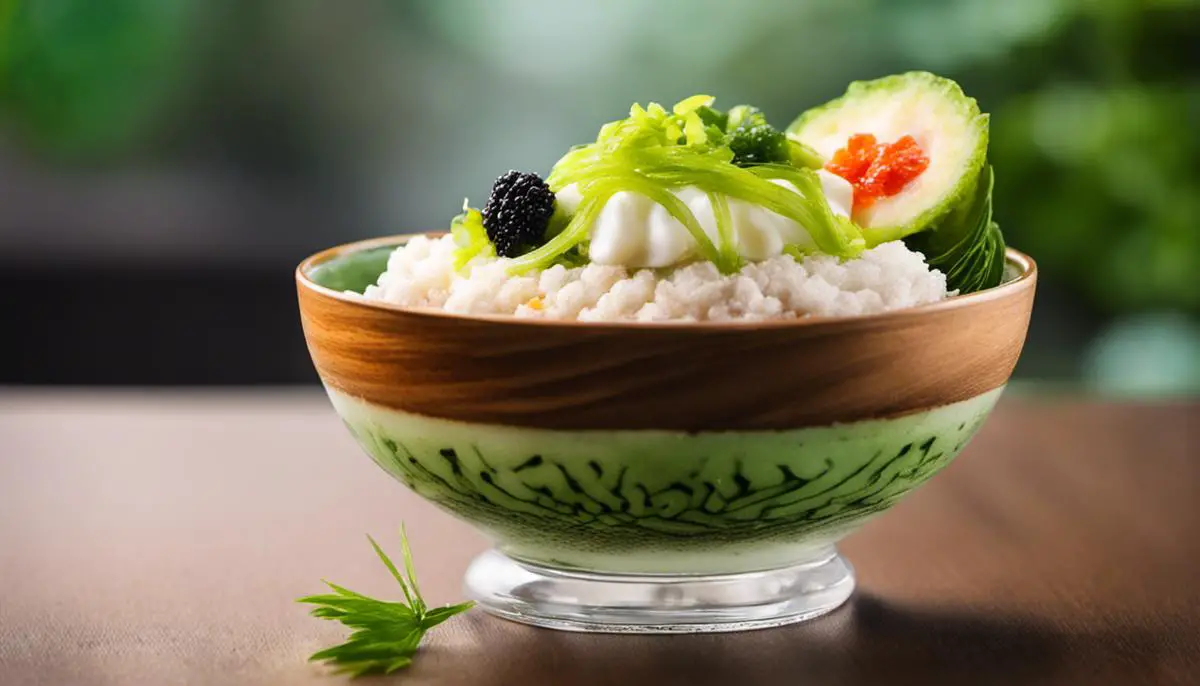 A delightful bowl of Cendol dessert showcasing the green noodles, shaved ice, palm sugar syrup, and various toppings, evoking an irresistible allure of flavors and textures.