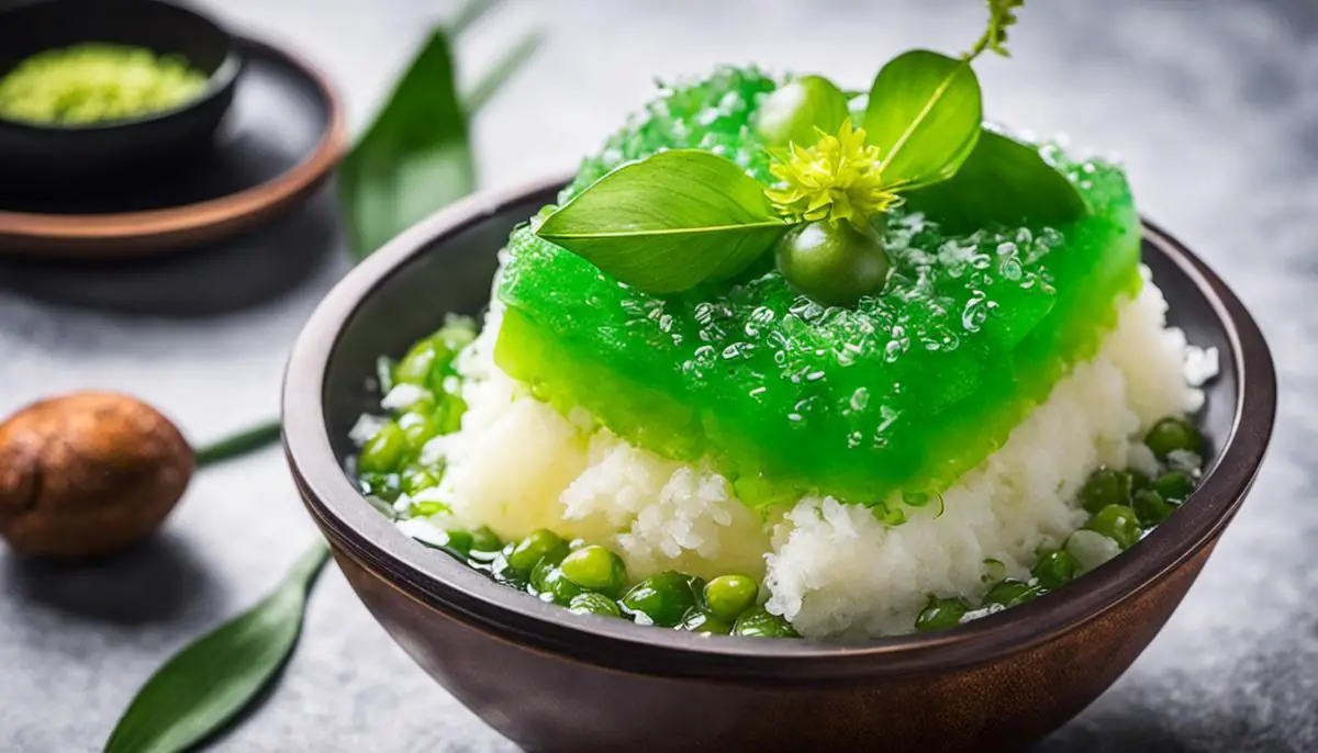 A photo of Cendol, a Southeast Asian dessert consisting of green jelly strands, coconut milk, shaved ice, palm sugar, and pandan leaves mixed together to create a refreshing and delicious treat.
