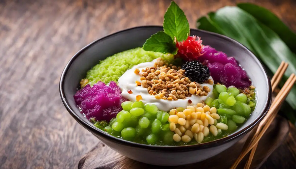 A colorful and refreshing bowl of Cendol with various toppings, representing the diverse regional variations of this Southeast Asian dessert.