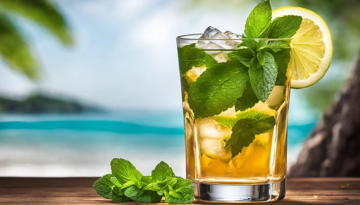 A refreshing glass of Chalap adorned with mint leaves and ice cubes.