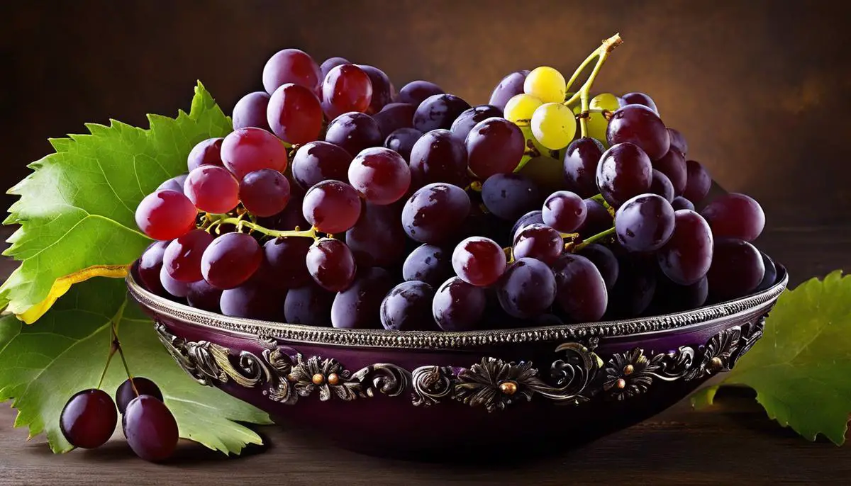 A bowl filled with vibrant Champagne grapes, showcasing their deep purple color and luscious appearance.