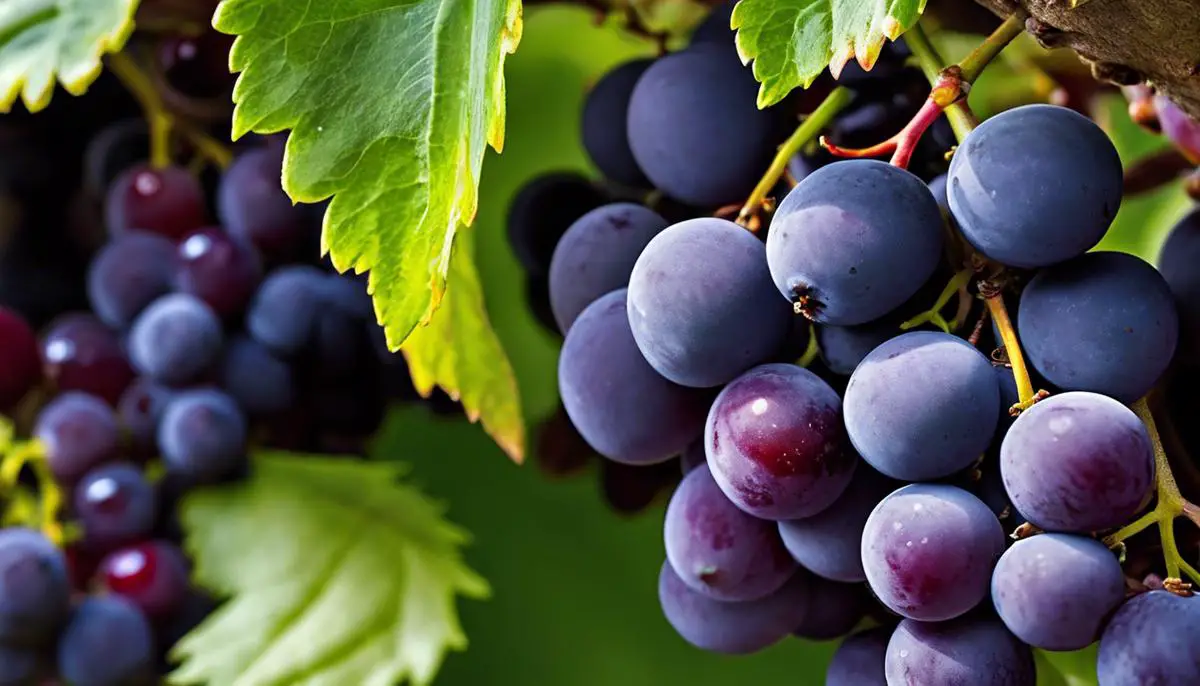 A cluster of Champagne Grapes, small round grapes the size of peas, with a deep purple color and tightly packed together on a vine.