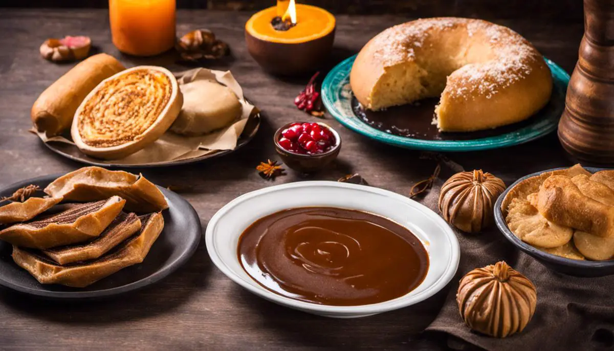 A plate with champurrado alongside Mexican pan dulce, tamales, flan, buñuelos, and Calabaza en Tacha, showcasing the various culinary pairings with champurrado