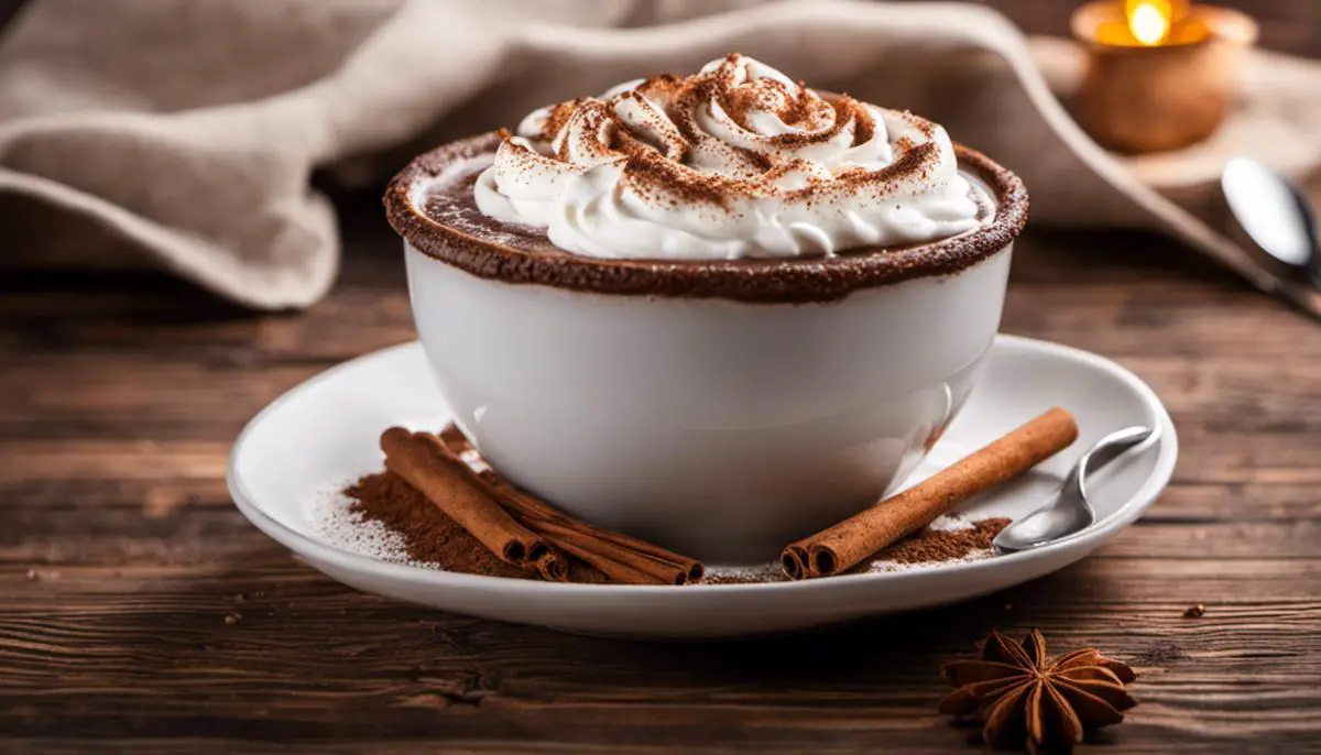 A cup of champurrado topped with whipped cream and a sprinkle of cinnamon, served on a wooden table.