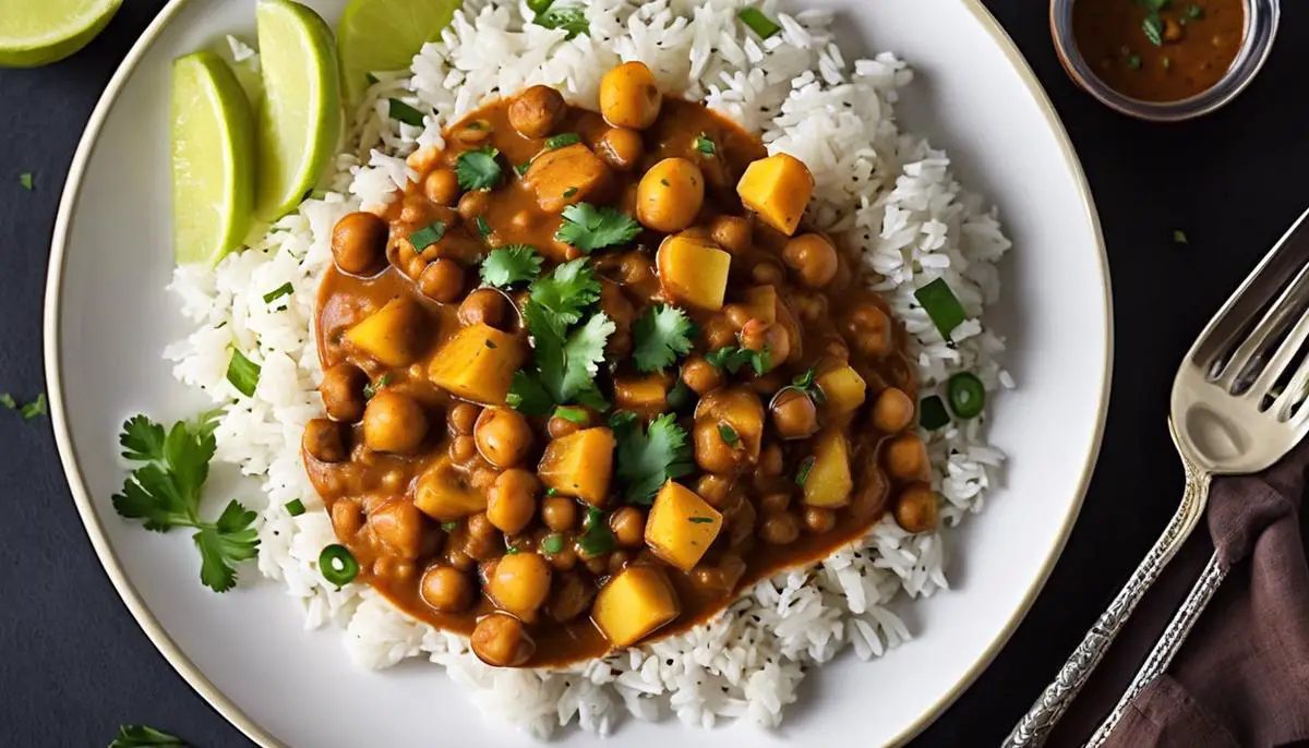 A delicious plate of Chana Aloo Curry, featuring chickpeas, potatoes, and spices, with a rich and flavorful sauce.