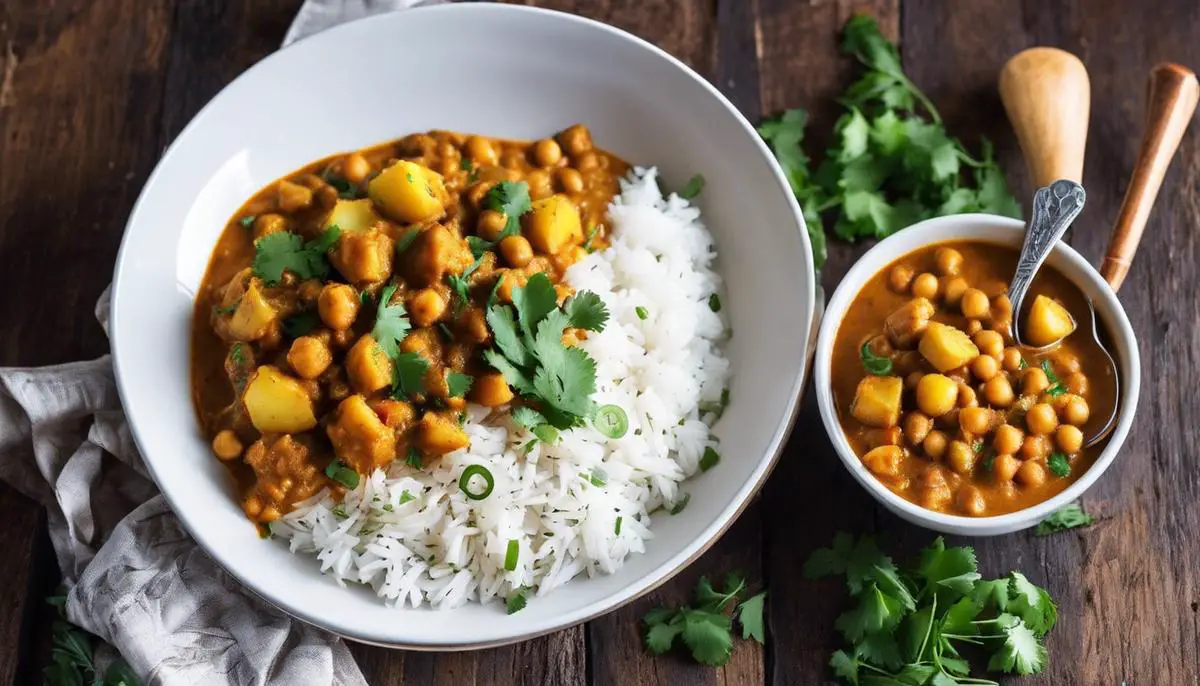 A plate of Chana Aloo Curry, showcasing its rich colors, with aromatic spices and tender chickpeas and potatoes.