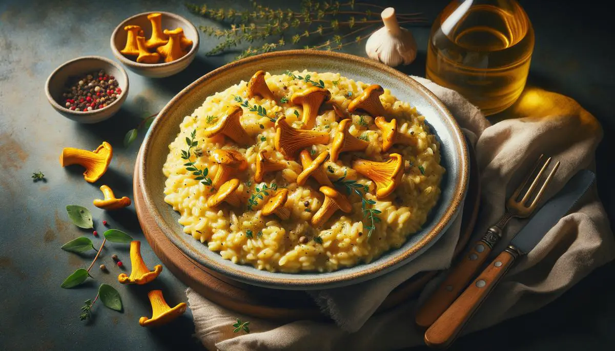 A plate of creamy chanterelle mushroom risotto garnished with fresh herbs