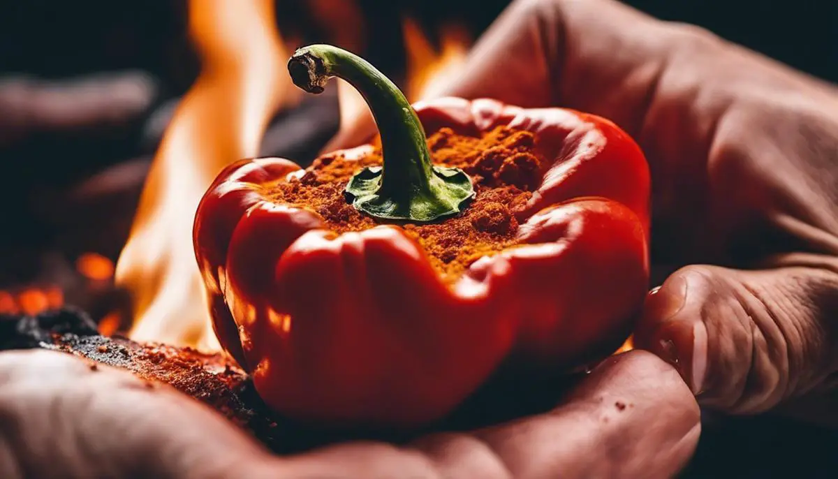 A hand holding paprika over an open flame to lightly char it