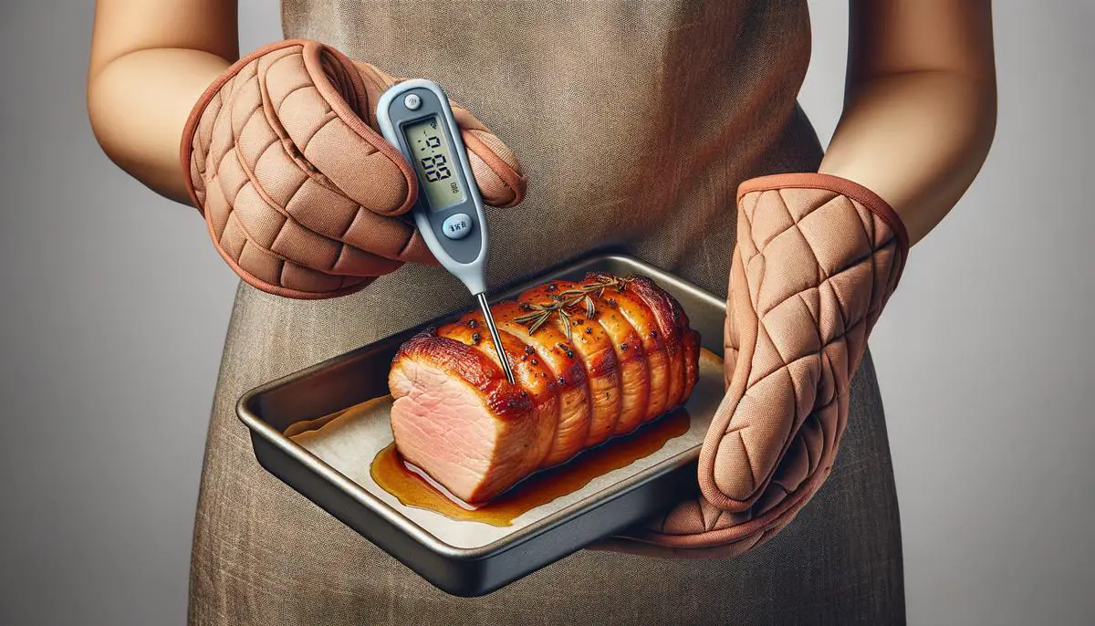 A person wearing an oven mitt holding a pork tenderloin and inserting an instant-read thermometer into the thickest part to check for doneness