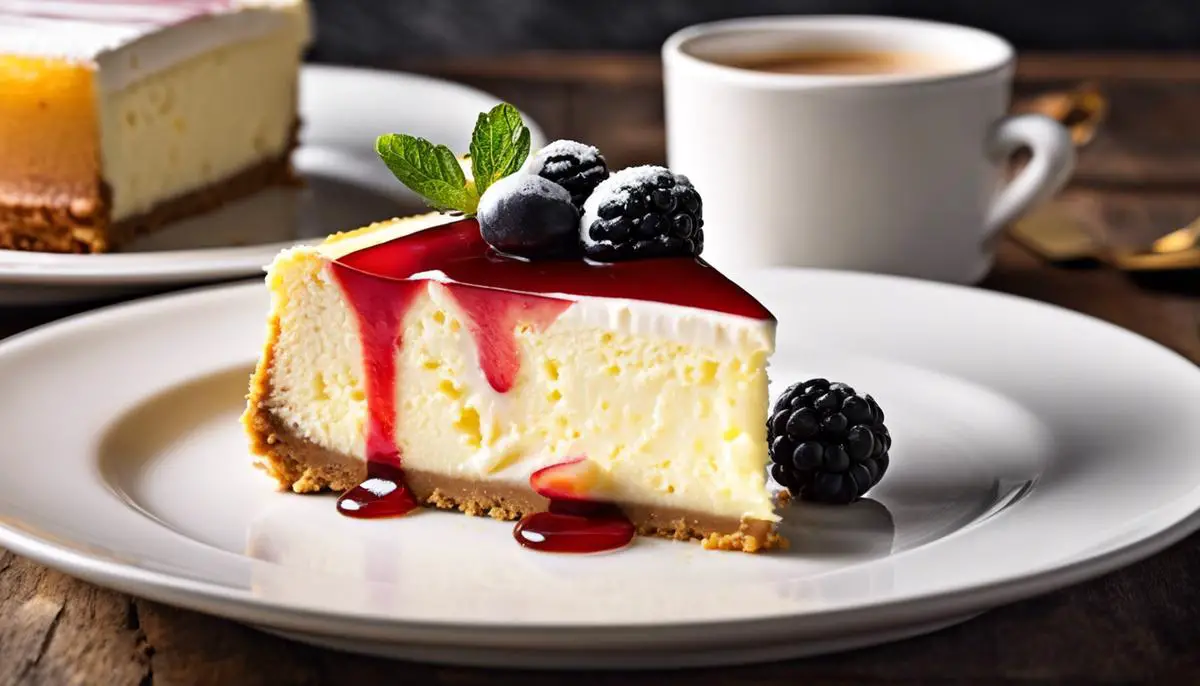 A slice of a flawless cheesecake with a golden crust, smooth silky filling, and a dollop of whipped cream on top, beautifully presented on a plate.
