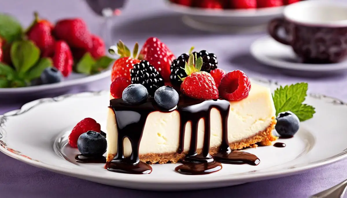 A mouthwatering cheesecake topped with fresh berries and a drizzle of chocolate sauce, enticingly presented on a decorative plate.