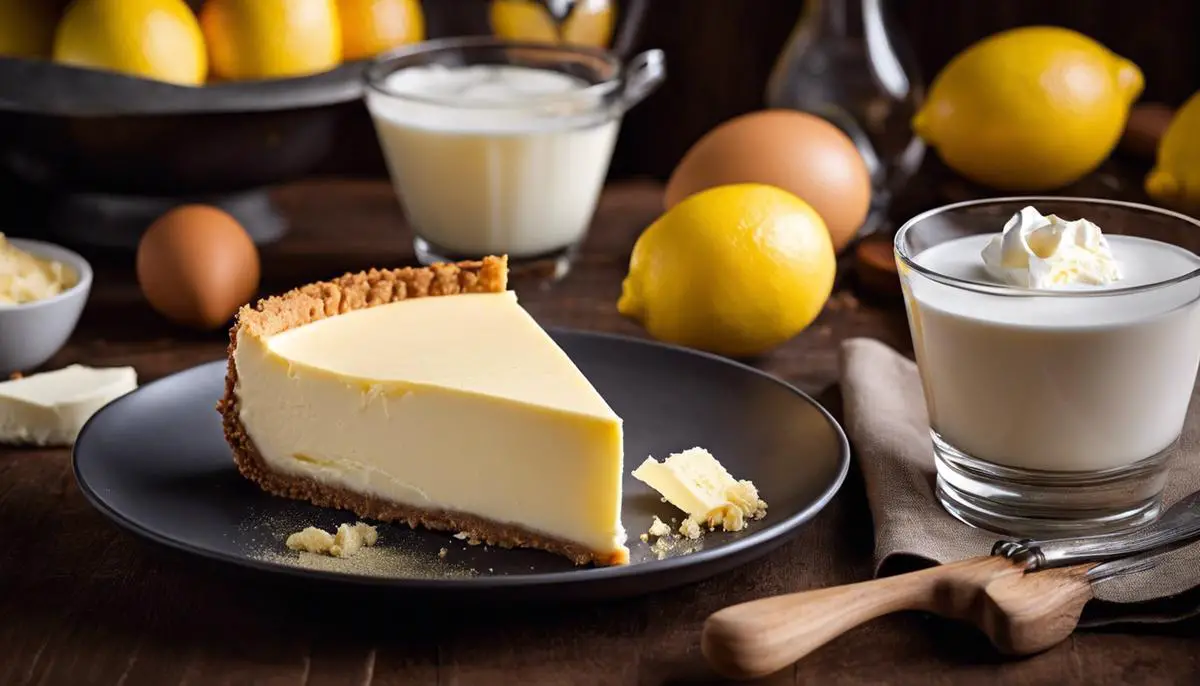 A close-up image of various cheesecake ingredients: cream cheese, sugar, eggs, salt, sour cream, flour, vanilla extract, graham crackers, and lemon juice.