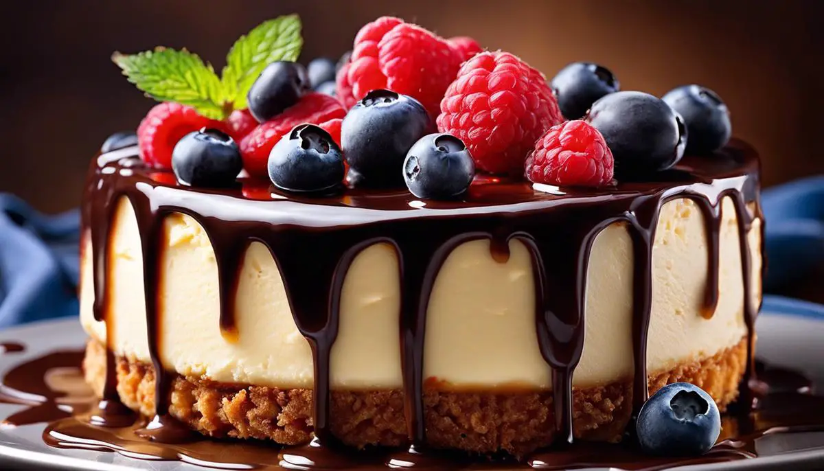 A close-up image of a cheesecake topped with fresh raspberries, blueberries, and a drizzle of melted chocolate.