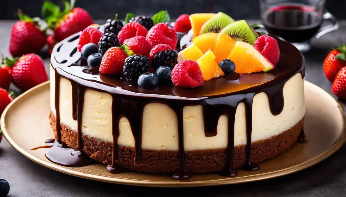 A delicious cheesecake with perfectly smooth surface, topped with fresh fruits and a drizzle of chocolate sauce.