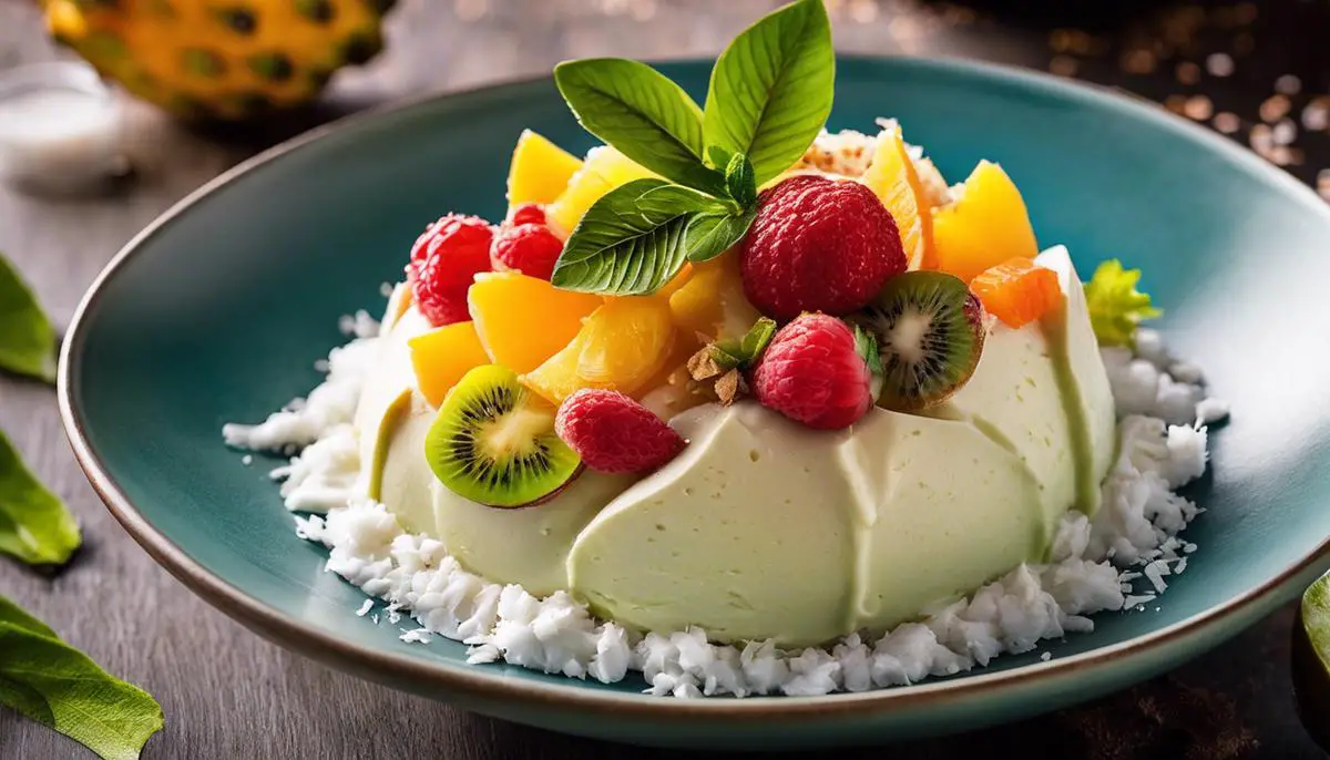A close-up image of a bowl of cherimoya gelato topped with vibrant tropical fruits and sprinkled with coconut flakes.