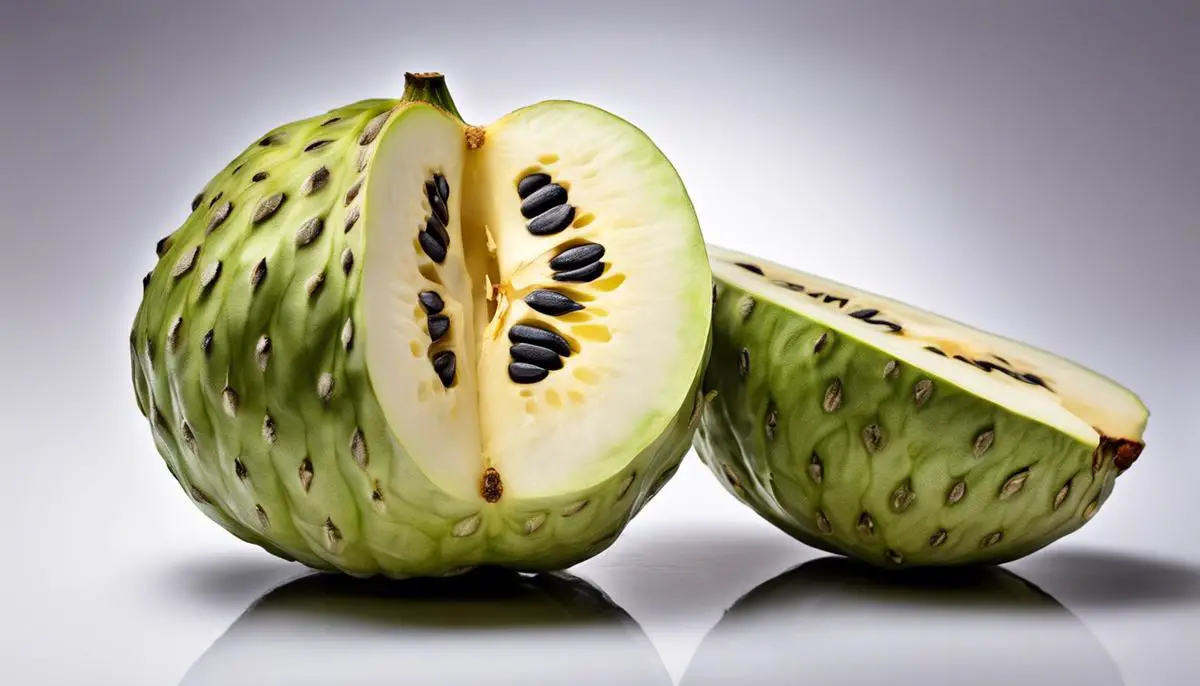 A close-up image of a halved cherimoya fruit, revealing its creamy flesh and seeds inside.