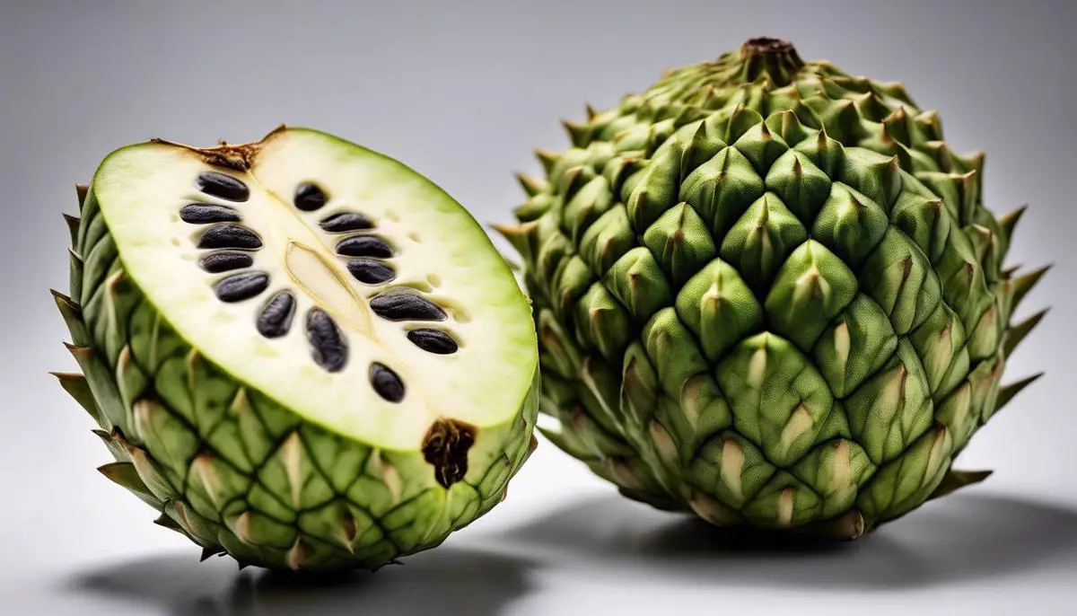A close-up image of a cherimoya fruit, showcasing its green, spiky skin and creamy white flesh.