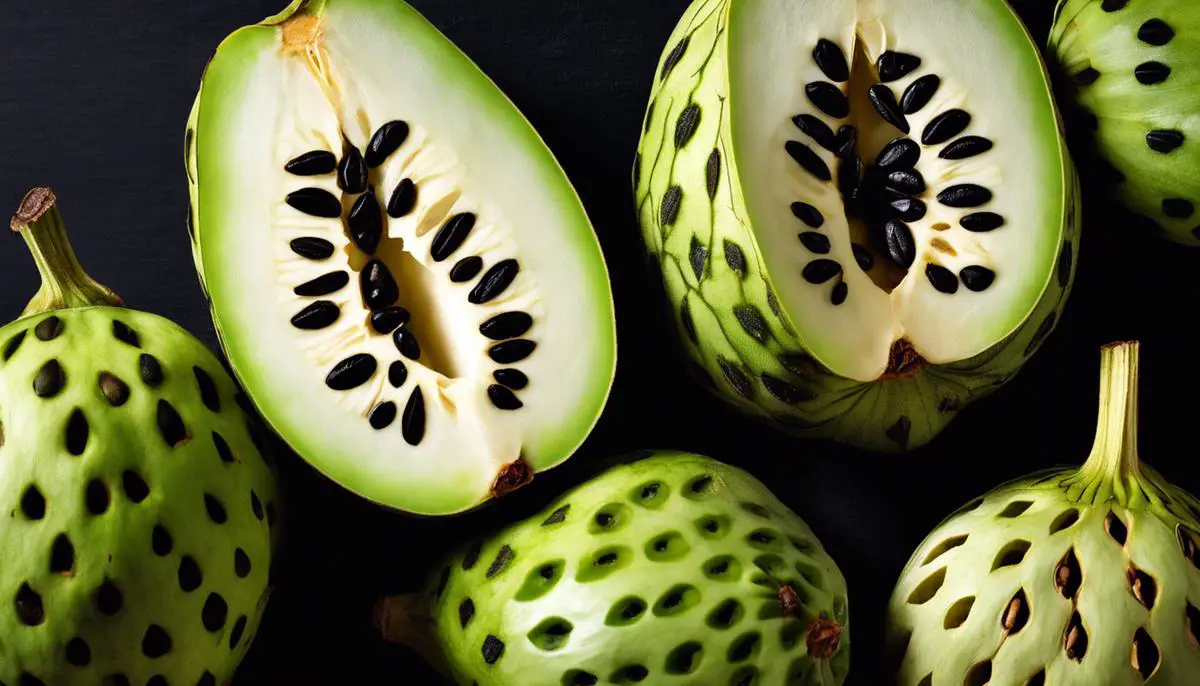 A close-up image of a cherimoya fruit cut in half, showing its creamy flesh and black seeds.