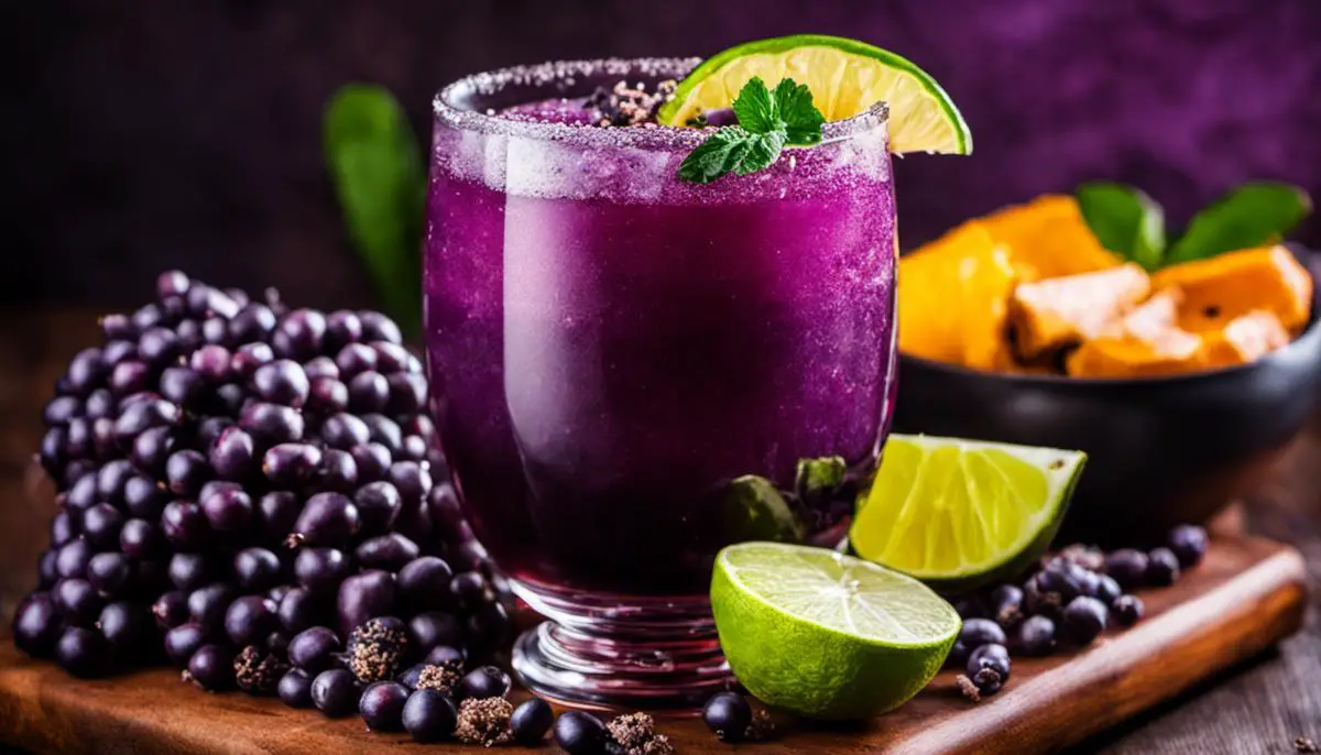 Image of a glass of Chicha Morada, a purple beverage made from purple corn, fruit, sugar, and spices, garnished with a slice of lime.