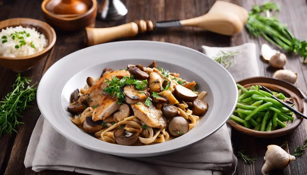 A delicious chicken and mushroom dish with dashes instead of spaces. It shows mushrooms and chicken pieces sautéed to perfection.