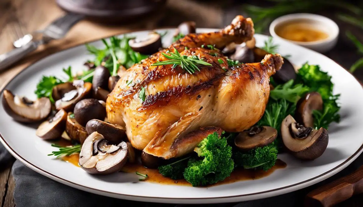 Image of a delicious chicken and mushrooms dish, showcasing the perfect crispy skin and juicy interior