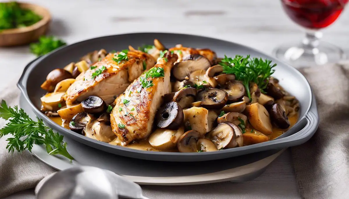A delectable dish of chicken and mushrooms, cooked to perfection