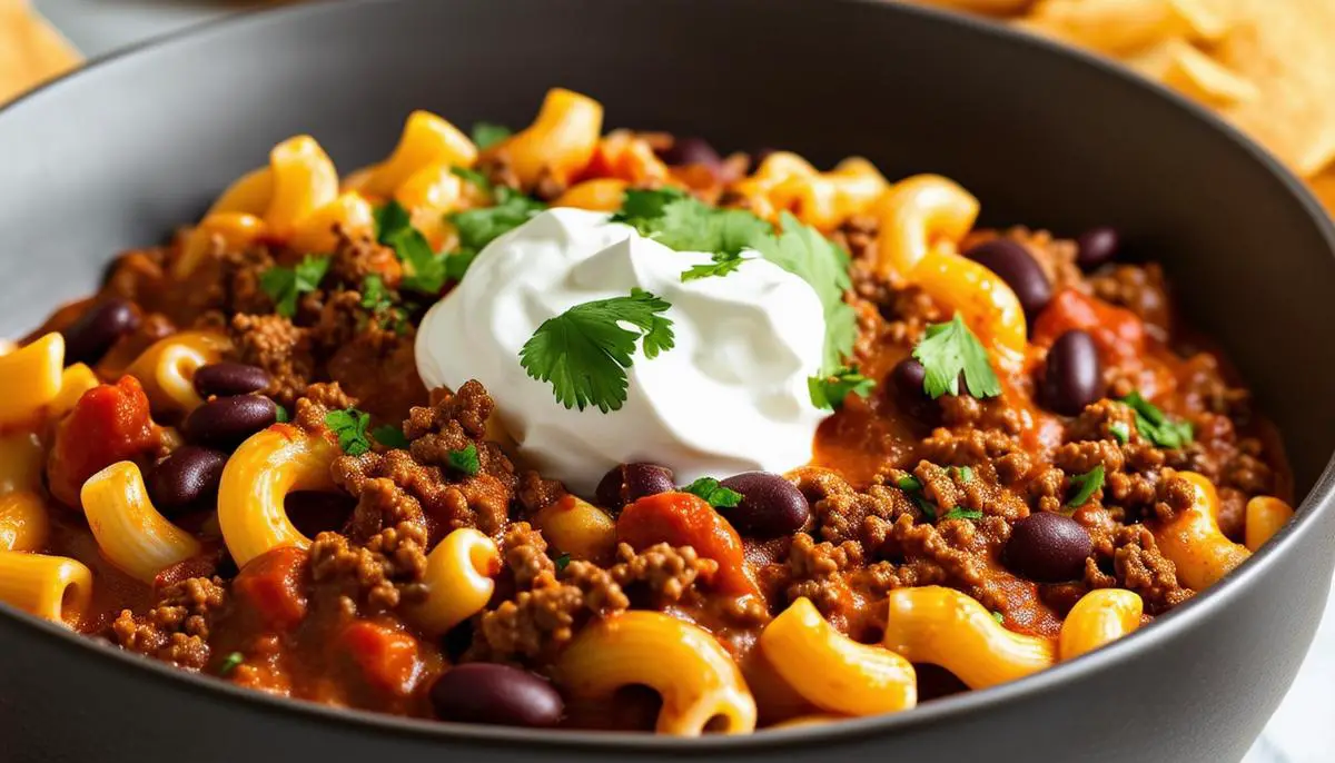 A spicy chili mac variation of slumgullion with ground beef, chili powder, beans, and garnished with sour cream and cilantro