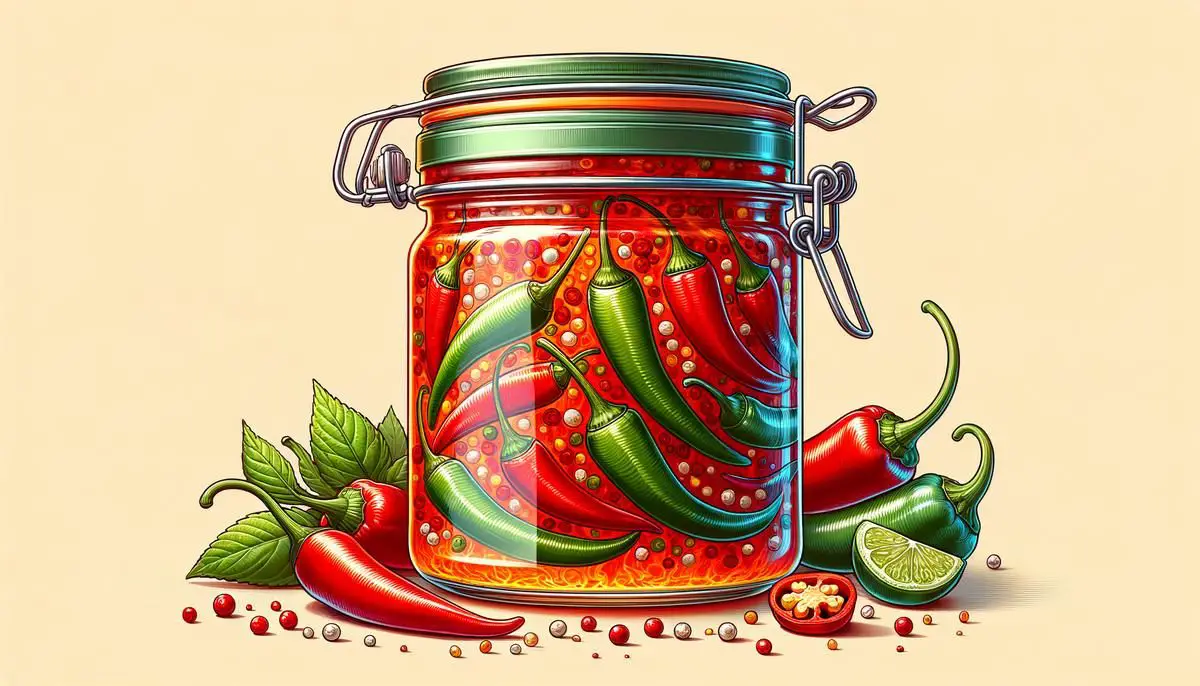 A colorful and vibrant image of homemade chili pepper jelly in a glass jar, perfectly capturing the essence of the text
