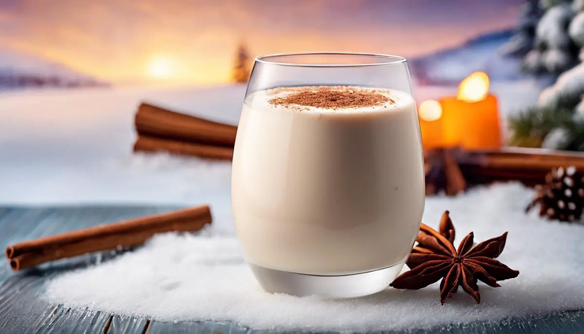 A glass filled with coquito, garnished with a cinnamon stick and served on a winter-themed background.