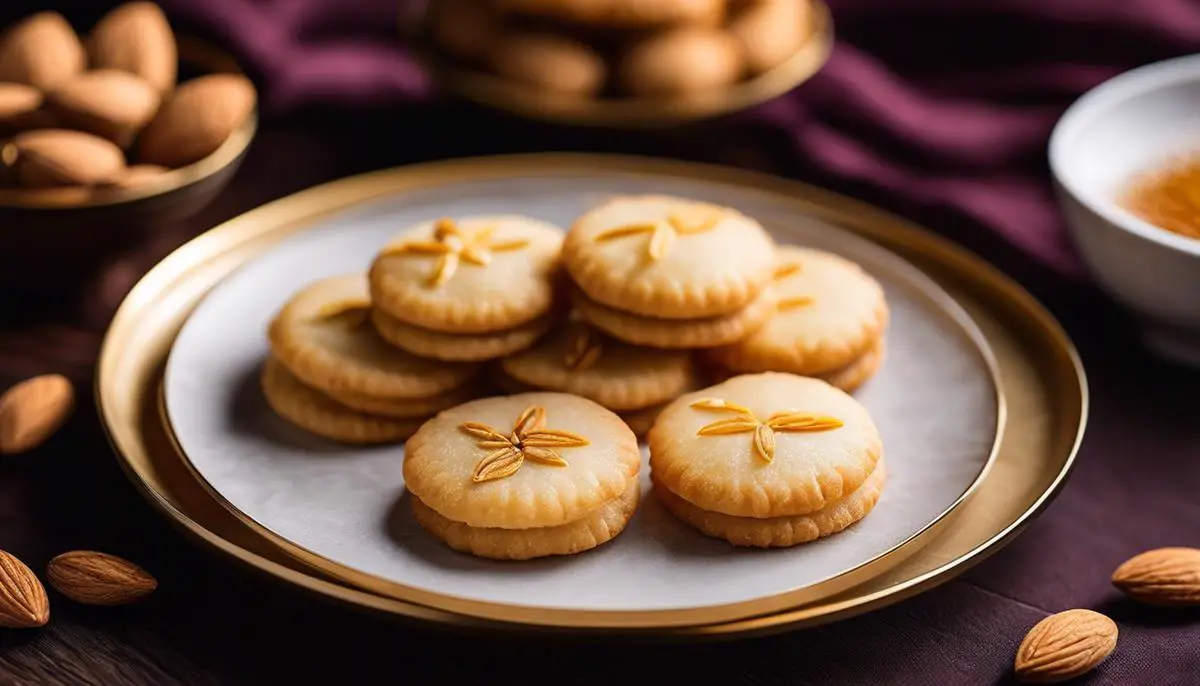 Chinese almond cookies laid out on a plate, showcasing their golden brown color and delicate shape