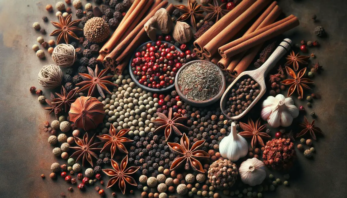 A variety of whole spices including star anise, fennel seeds, Szechuan peppercorns, Chinese cinnamon, and whole cloves