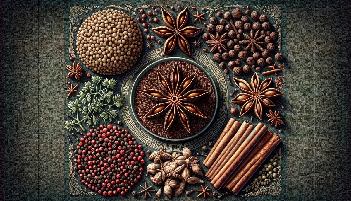 A close-up image of the five primary spices in Chinese Five Spice - star anise, fennel seeds, Szechuan peppercorns, Chinese cinnamon, and cloves.