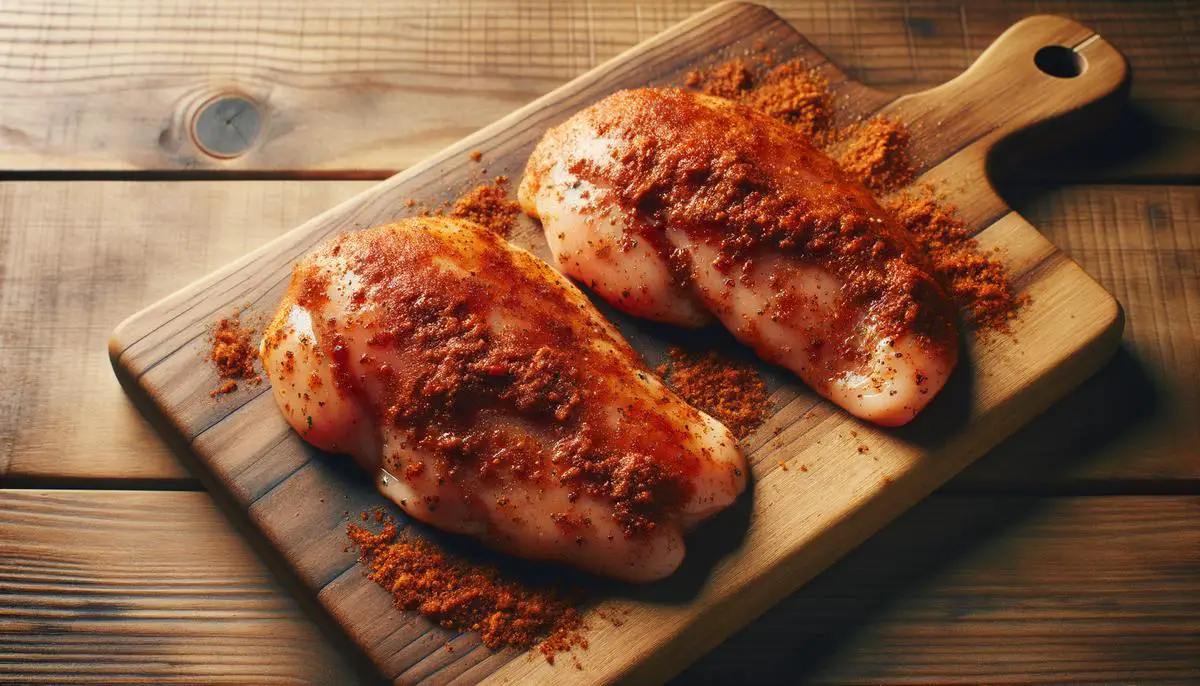 Raw chicken breasts coated in a smoky chipotle rub, on a wooden cutting board